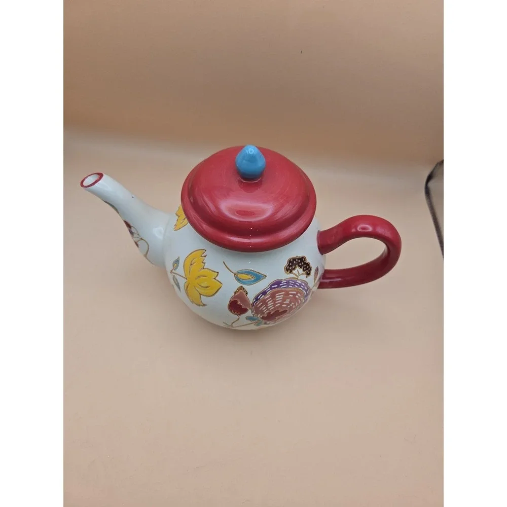 Floral Red TeaPot. Dutch Wax Ceramic with lid. Bright. Colors 7.25